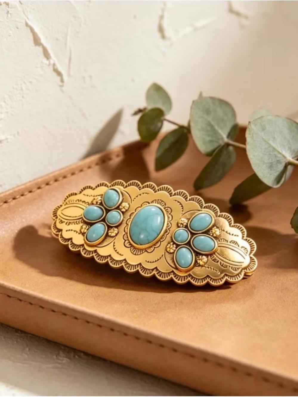 Western Barrette Gold and Turquoise Scalloped Barrette Hair Clip - Women